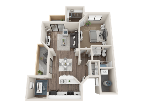 Floor plan for 1 bed, 1 bath, 817 sqft